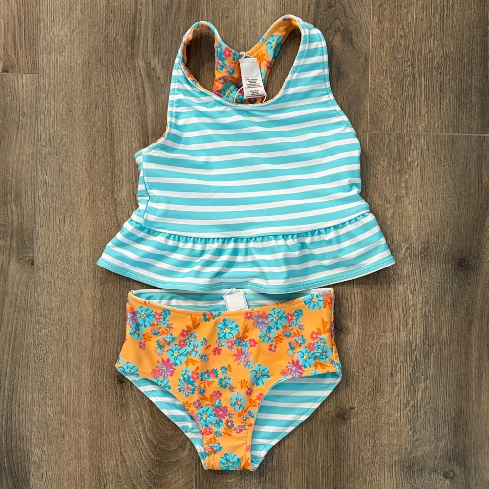 Ruffle Butts Floral & Stripes Reversible Bikini - Orange and Blue - Picture 2 of 4